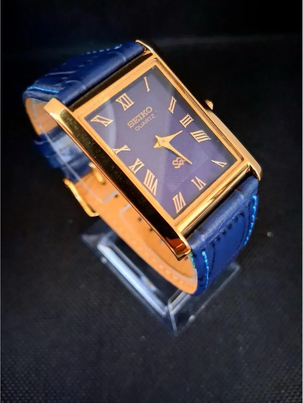 Men's Vintage Blue & Gold Tank Leather Wrist Watch RARE